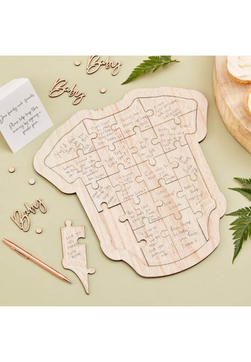 Ginger Ray BAB-126 Botanical Baby księga gości drewniana układanka romper