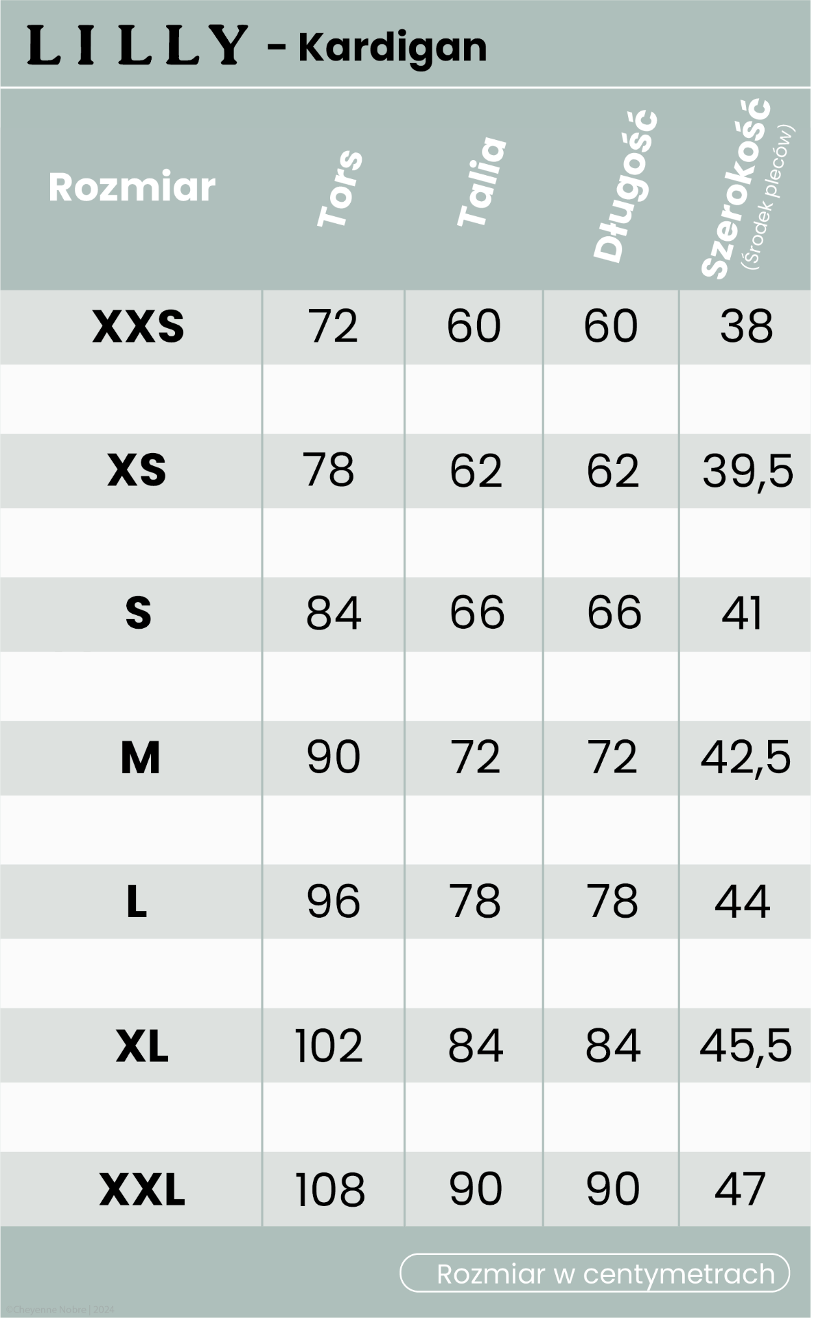 Kardigan Lilly tabela rozmiarów
